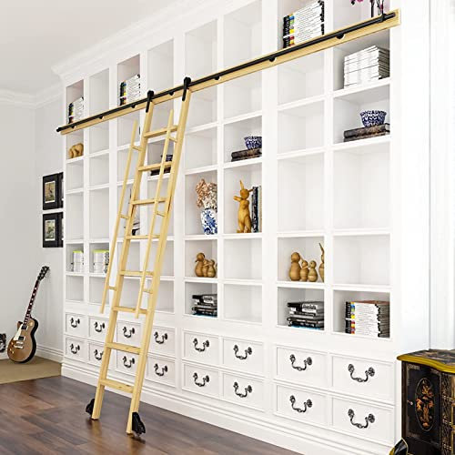 SZITW 3,3–20 Fuß Rollleiter-Hardware-Kit für Bibliotheken, rustikales schwarzes Rundrohr-Schiebeleiter-Hardware-Schienen-Kit für Bibliotheken (ohne Leiter), einschließlich Bodenräder mit Bremsen (