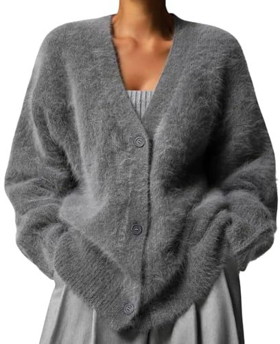 ZPLMIDE Lussuoso cardigan in cashmere, da donna, oversize, lavorato a maglia, tinta unita, soffice scollo a V, aperto sul davanti, elegante giacca calda
