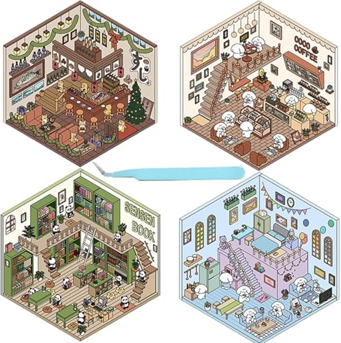 4Sets 3D Sticker Scene Book,Sticker Book for Adults,Creative Scene Sticker Book,Stress Relief DIY House Stickers with Tweezers Creative Fun & Reusable,Non-Toxic & Safe
