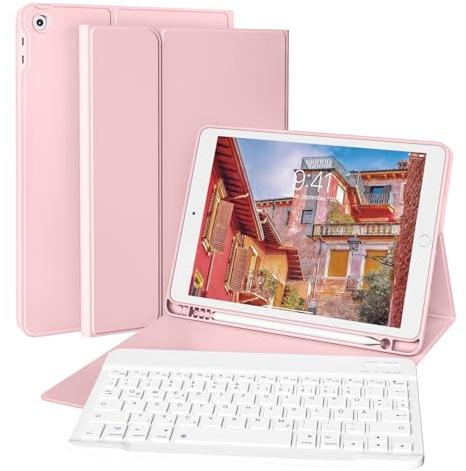 ZKTUYU Tastatur Hülle für iPad 9./ 8./ 7. Generation (2021/2020/2019) mit Stifthalter, Soft TPU Schutzhülle, magnetisch Abnehmbarer Tastatur mit QWERTZ Layout für iPad 10.2 Zoll, Rosa