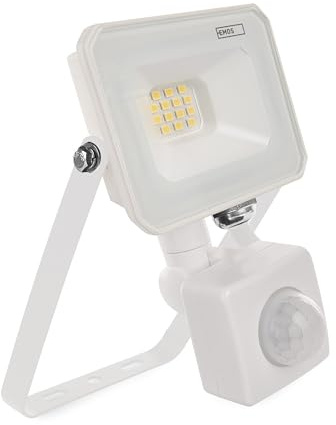 EMOS LED Strahler SIMPO 10 W mit Bewegungsmelder, superhell 1000 lm, IP44 wasserdichtes Flutlicht für Feuchtraum oder Außen, Neutralweiß 4000K, Lebensdauer 15000 St., 15 cm Anschlusskabel, weiß