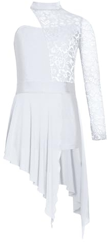 renvena Girls Lyrical Dance Dress Kids One Shoulder Lace Sleeve Sakting Ballet Leotards Modern Dance Costume White 11-12 Years