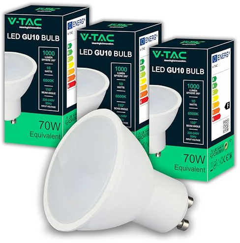 V-TAC 3x Lampadine LED GU10 - Alta Luminosità 10W (Equivalenti a 70W) - 1000 Lumen - Faretto Led GU10 per Massima Efficienza e Risparmio Energetico - 6500K Luce Fredda