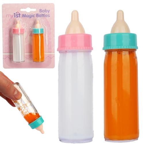 D.A.Y. Republic 2 Magic Baby Bottles - Baby Doll Feeding Accessories, 1 Milk and 1 Juice Bottle with Disappearing Contents, Great Pretend Play Nurturing Accessories Toy Gift for Kids