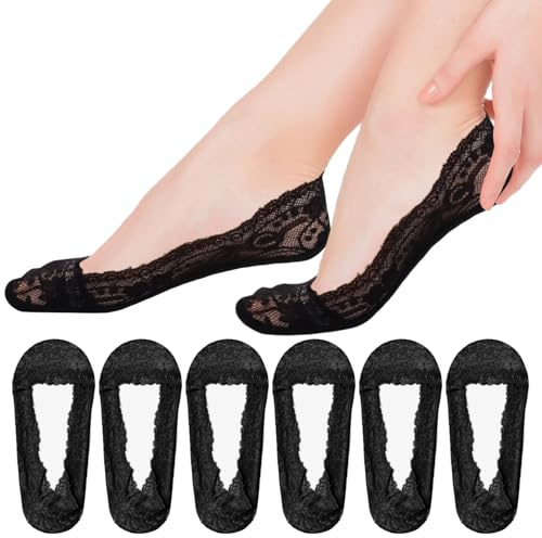 DIPZO Chaussettes en Dentelle No-Show Femme 6 Paires - Anti-Dérapage Type Invisible avec Picots Silicone pour Mocassins/Baskets/Talons Hauts (Noir)