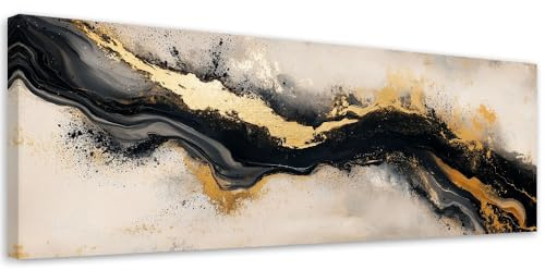 Feeby Wandbild - Wohnzimmer Modern Deko - Abstrakt Beige Schwarz Gold - 150x50 1tlg - Bilder Leinwand - Bild auf Leinwand Schlafzimmer - Leinwandbilder für die Wand - Canvas Painting - Fotokunst