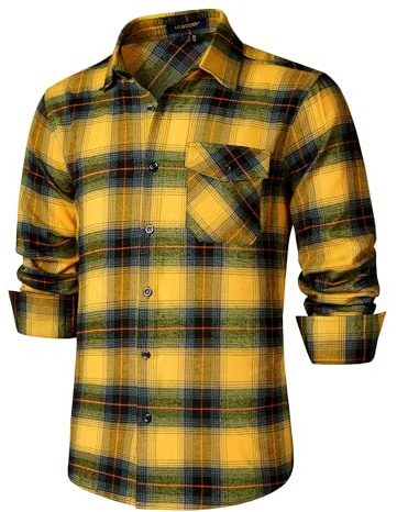 HISDERN Herr rutig skjorta långärmad rutig flanellskjorta casual rutiga flanellskjortor med 2 fickor knapp ner normal passform, 6-gul-03, 4XL