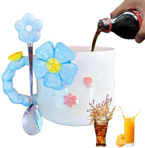 Tazas de café de primavera, taza de café de flores - 500 ml de tazas de café floral de cerámica con cuchara | Drinkware estético de gran capacidad, utensilios de cocina decorativos y herramienta de co