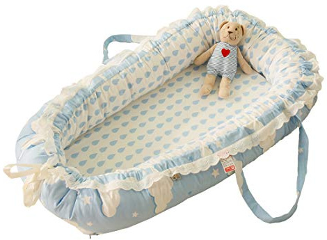 DorkasDE Babynest Kuschelnest Faltbett tragbar Babybett Reisebett (Blau Regen, one Size)
