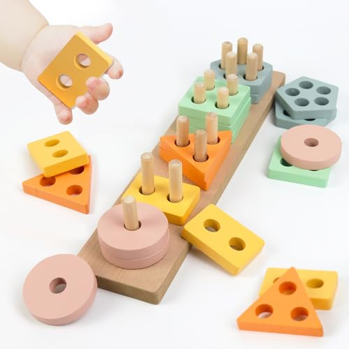 Qcdou Montessori Spielzeug ab 1 Jahr, Stapelspielzeug, Kinderspielzeug ab 1-3 Jahr, holzspielzeug, Motorikspielzeug,Geometrische Baukasten, Sortierspiel Kinderspielzeug Lernspielzeug Steckpuzzle
