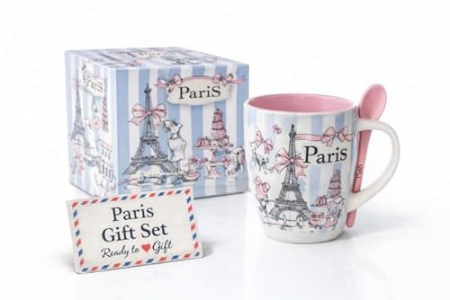 Tazza Souvenir de Paris – 5 Designs Collection – Tazza in ceramica da 320 ml con cucchiaio in scatola pronta da regalare, regalo originale per donna, idea regalo romantica per caffè, tè, cioccolato