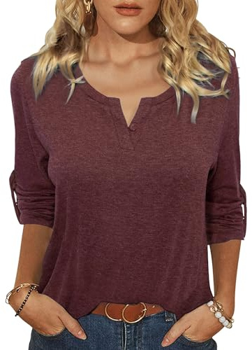 Camiseta Manga Larga Mujer Básico Top Cuello en V Elegante T-Shirt Suelta Trabajo Informal Camisetas Ligero Sólido Casual Blusa Camisas Burdeos XL