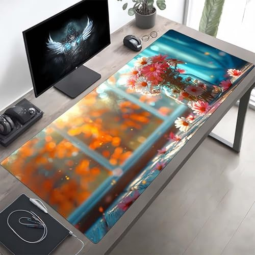 Gaming Mauspad 160 x 80cm Gaming Mousepad XXL Blume Rosa Mauspad Schreibtischauflage, Genähte Kanten Mausmat, rutschfeste Gummibasis, Schreibtisch Schutz für Home Büro, Geschenke PjY7440 V-7