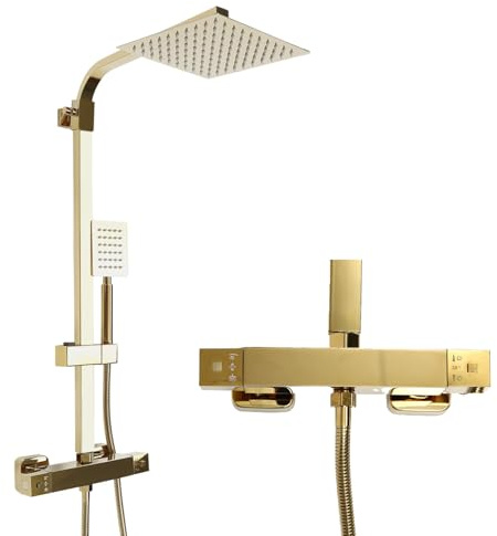 Duschsystem Gold mit Thermostat, 20 x 20 cm Regendusche Duschset mit Handbrause, 80-120cm Verstellbarem Stab, Duscharmatur Komplettset mit Duschsäule, Messing