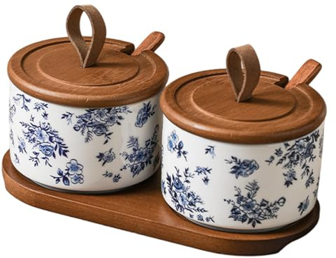 2Pcs Spice Jars with Lids 7.4oz Ceramic Jar with Lid & Wooden Spoon & Tray Exquisite Flower Patterns Condiment Containers for Home, Kitchen Ceramic Spice