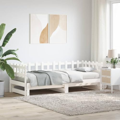 Ordellia Tagesbett Ausziehbar Weiß, 2X(90x190) cm Massivholz Kiefer, mit Lattenrost, Multifunktional als Sofa und Bett, Platzsparendes Gästebett für Schlafzimmer