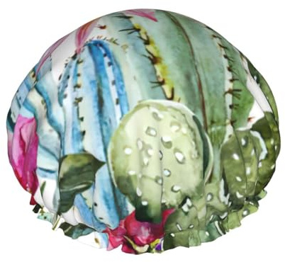 Cactus Succulent Rose Print Shower Essentials Bonnet For Women, Large Washable Elastic Band Bath Hair Wrap Shower Cap