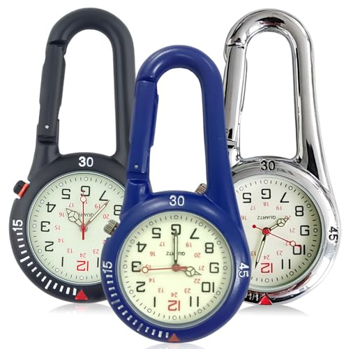 Behogan 3 pezzi orologio a moschettone, orologio da tasca con chiusura a moschettone, impermeabile, orologio da sorella, orologio analogico al quarzo, orologio a moschettone per ciclisti, alpinisti