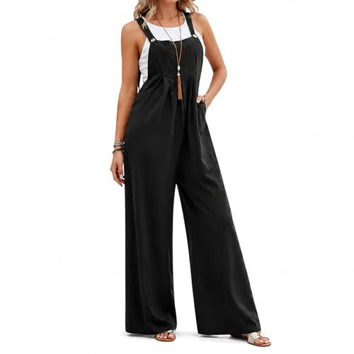 Supcomsta Cotton Linen Dungarees for Women, Womens Jumpsuit Casual Overalls Loose Fit Summer Romper,Sleeveless Jumpsuit with Pockets Side Zipper