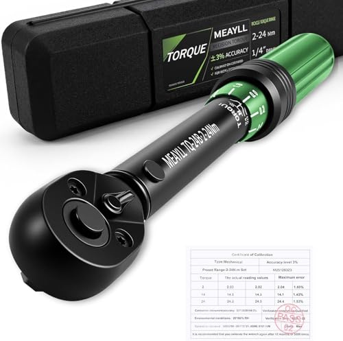 Meayll Drehmomentschlüssel Fahrrad 2–24 Nm, 1/4 Zoll Drehmomentschlüssel klein mit ±3% Genauigkeit, 72 Zähne Wende-Ratschenkopf, Mini Torque Wrench für MTB, E-Bike & Zündkerzen-Wartung, 1 Stück