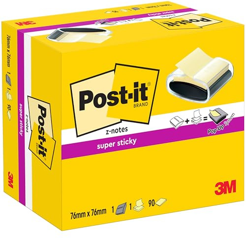 Post-it Z-Notes PRO Spender + Super Sticky Z-Notes, 90 Blatt, 76 x 76 mm | Selbstklebende Haftnotizen, Praktische Klebezettel für Bürobedarf, Meetings, Erinnerungen, To-Do-Listen und zum Organisieren