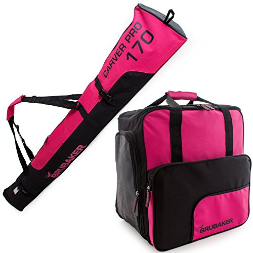 BRUBAKER Kombi Set Carver PRO - Limited Edition - Skisack und Skischuhtasche für 1 Paar Ski bis 170 cm + Stöcke + Schuhe + Helm Pink Schwarz