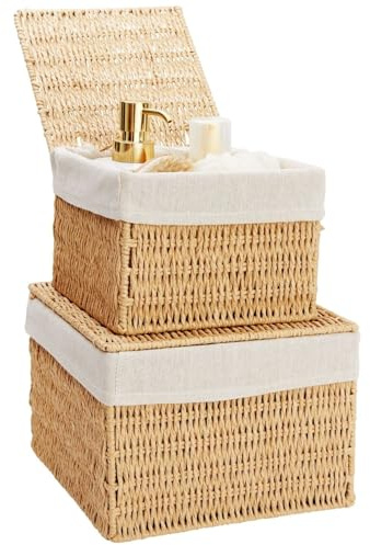 2 Pack Wicker Baskets with Lids, Woven Storage Baskets with Removable Liners (2 Sizes)