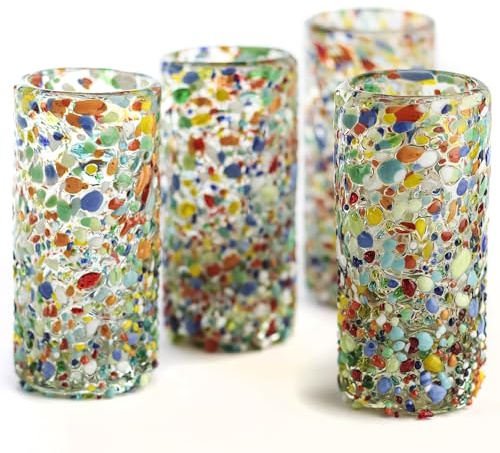 MEXTEQUIL - Authentic Mexican Tequila Shot Glasses - Tequila Set of shot glasses - 4 pcs - 2 Oz - Mexican Hand Blown Shot Glass (Confetti)