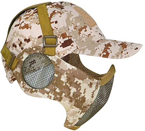 Yzpacc Airsoft Halbgesichtsmaske und Patch-Hut Set Stahlgeflecht Maske mit Ohrenschutz und Baseballkappe Taktische Schutzmaske für CS Spiel BB Gun Paintball Jagd Schießen