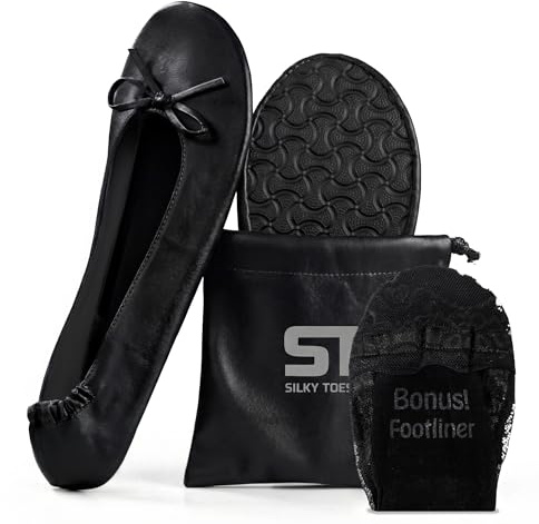 Silky Toes Foldable Flats for Women Purse Ballet Shoes Ballerina Slippers, Black, XX-Large