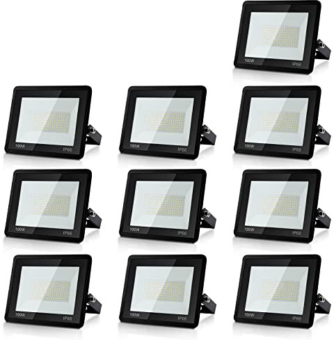 Randaco Proyector LED Exterior, 100W 8500LM 6000K Blanco Frío Super Brillante Focos LED Exterior, Impermeable IP66 Resistente al agua Foco LED para Patio,Estadio, Paquete de 10 (Sin Enchufe)