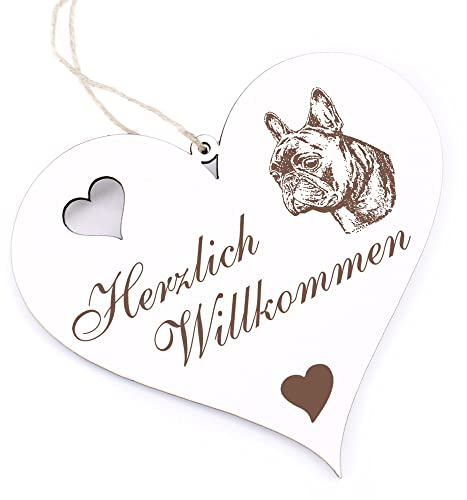 Herzlich Willkommen Schild - Französische Bulldogge - Deko Herz Holz Willkommensschild Türschild Dekoschild Türdeko