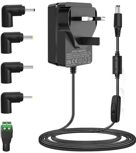 ​12V 2A Power Supply Adapter, AC 100-240V to DC 12Volt 24W Converter, for 12 Volt 100mA-2000mA LED Strip, CCTV Camera, Router, Speaker, TV Box​. with 5.5x2.5mm Tip and 5 Interchangeable Plugs.