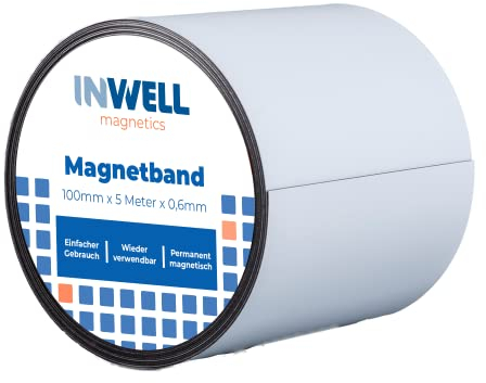 Inwell - Magnetband 100 mm in Farbe weiß auf Rol | 5 meter | NICHT Selbstklebend | Beschreibbare weiße Vinylschicht | Starker Magnetkraft | Magnetstreifen