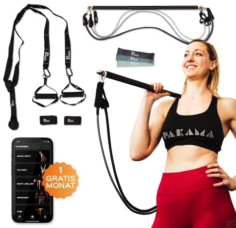 PAKAMA - Widerstandsbänder Starter-Set (inkl. App) mit Stange & Griffe für Home Workout & Krafttraining Zuhause - Extrem Resistance Bands mit Sling-Trainer - Fitness-Bänder für bis zu 80kg Widerstand