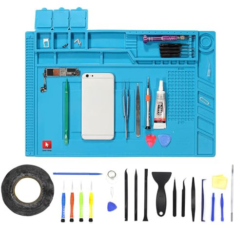 Tappeto da Lavoro ESD + Tool Kit Cacciaviti attrezzi riparazione Professionale Alta Qualità Antistatico Antiscivolo Tappetino in silicone 30cm x 45cm resistente fino a 500° saldatura smartphone tablet