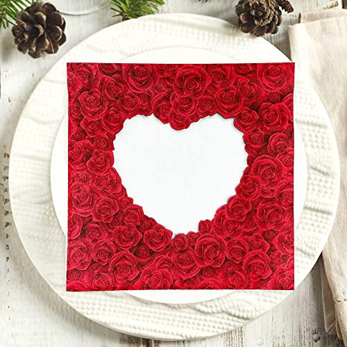 100Pcs Geburtstagsfeier Papierservietten,Leuchtend Rote Rose Liebe Blumenpflanze,2Ply Einweg-Papier-Party-Servietten Servietten 33Cmx33Cm Ideal Für Decoupage-Handwerk Für Brautparty,Bild,33X33C