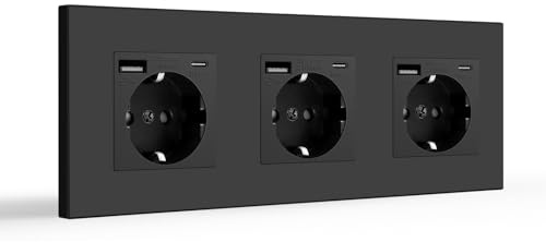 BSEED Steckdose 3 Fach mit USB (Max. 2.1A) und Typ C, USB C Steckdose Unterputz, PC Panel Steckdosen Kindersicherung, Einbausteckdose, Wandsteckdose,Schwarz- 228mm