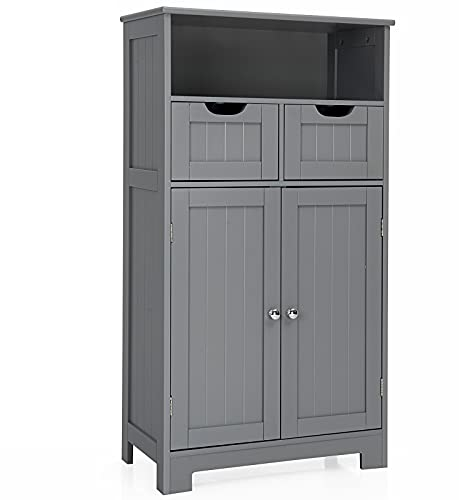 COSTWAY Badezimmerschrank, mit 2 Schubladen, offenem Fach & verstellbarem Regal, Badschrank Hochschrank Holz, Badkommode Aufbewahrungsschrank für Badezimmer, Küche, Wohnzimmer (grau)