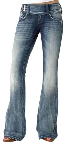 Damen Vintage Klassische ausgestellte Denim-Hose, mittelhoher Bund, zerstörte Glockenunterseite, dehnbar, Bootcut-Jeans, dunkelblau, 46