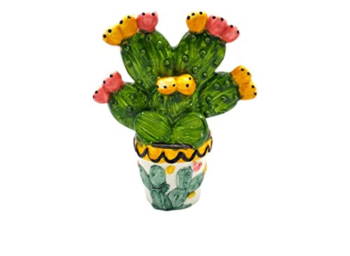 Generico Pianta Piantina Decorativa Fichi d'India Gialli e Rossi, Fico con Vaso, in Ceramica, 13 x 8 cm, per la Casa Soprammobile Vintage Tradizione Siciliana Sicilia