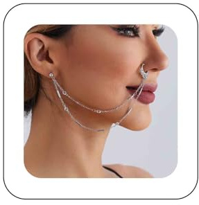 Inateannal Punk Nasenring Kette Perle Kristall Quaste Baumeln Nase Ring Reifen Strass Ethnischen Nase Zu Ohr Kette Mit Stud Faux Nicht Piercing Nase Ring Schmuck Für Frauen Mädchen