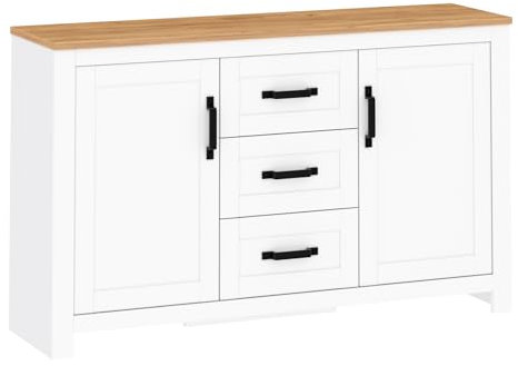 Target Home Sideboard für Wohnzimmer, Schlafzimmer mit 3 Schubladen und 2 Türen Weiß Eiche Kraft Gold Optik 150 cm