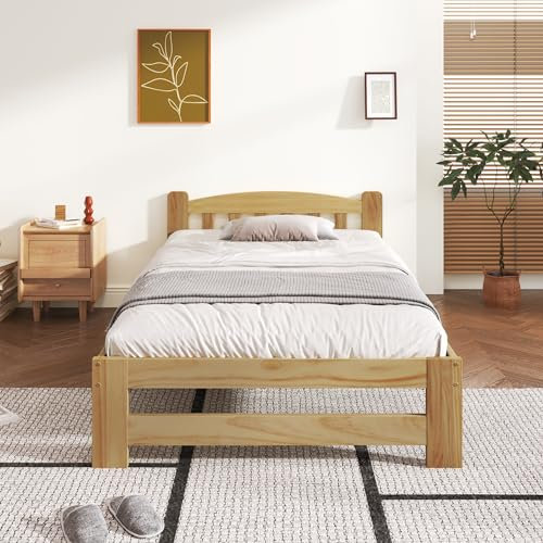 NNJN Solide Massivholzbett Futonbett, Massivholz Natur Bett mit Kopfteil und Lattenroste, Jugendbett, Erwachsenenbett, Natur (90x200 cm)(Ohne Matratze)