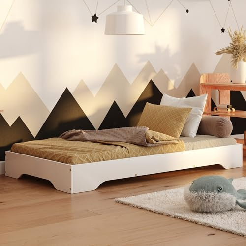 smartwood Kinderbett 100x200 cm mit Lattenrost, aus Holz, Weiß, TILA 7 | Montessori Bodenbett, Einstiegshöhe 18 cm, Belastbar bis 230 kg, FSC-Kiefernsperrholz, abgerundete Kanten, Einfache Montage