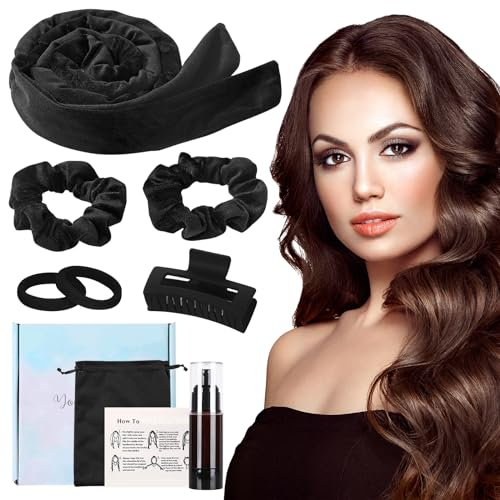 Kisvic Locken Ohne Hitze, Rutschfest Heatless Curls mit Haarklammern Rutschfest, Lockenwickler über Nacht mit Stirnband- Die das Haar Nicht Verletzt für Mittleres Langes Haar, DIY (Schwarz)
