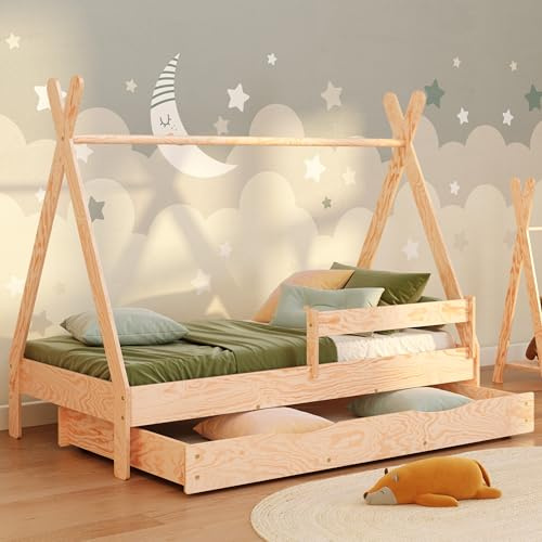 smartwood Hausbett 90x200 cm mit Schublade, aus Kiefernholz, Tipi D | Montessori Kinderbett, Rausfallschutz, Stauraum, Lattenrost bis 230 kg, FSC-Holz, abgerundete Kanten, Einfache Montage
