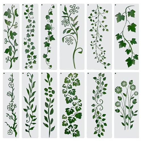 Hebterrka 12 Stück Blatt-Ranken-Schablonen, Wiederverwendbare Frühling Blumen Schablonen für DIY-Bastelprojekte, Malvorlagen für Holz, Wände, Leinwand, Möbel