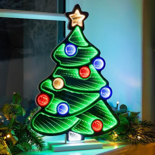 CHRISTOW Christmas Tree Infinity Light, LED Tunnel Effect | Christmas Tree Decoration, 3D Infinity Tunnel Effect, Multi-Colour LEDs, Double-Sided Display, Wooden Base, Mains Powered