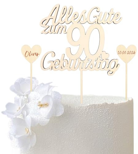 GoldRock Tortendeko 90. Geburtstag für Mann und Frau - Holz Kuchendeko, Alles Gute zum 90. Cake Topper, Kuchen Deko